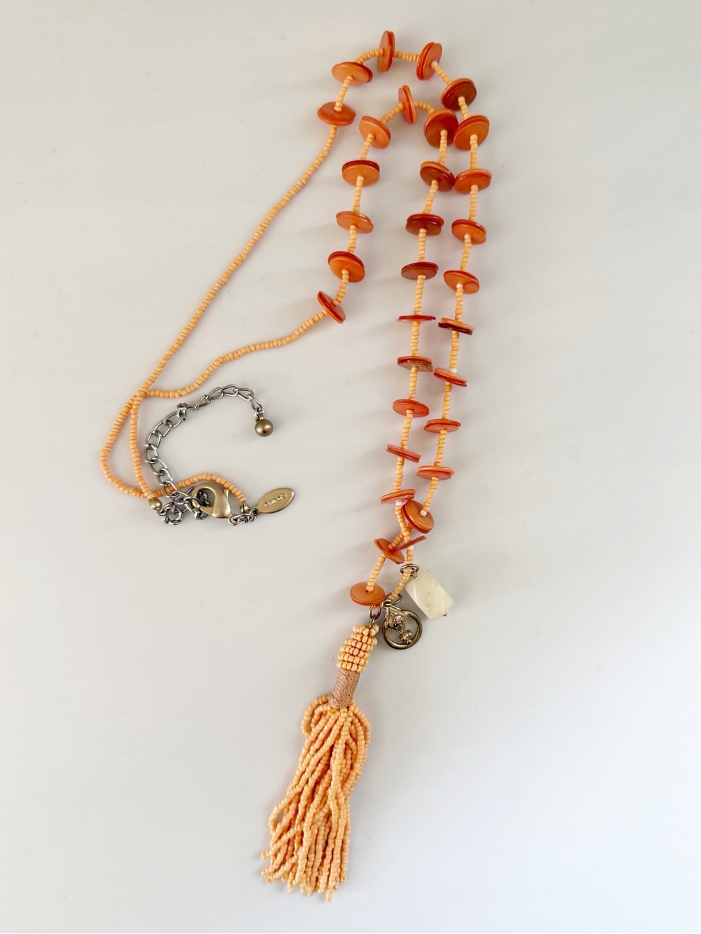 Chico’s Sea Beads Shell Beads Tassel Long Boho Staple Necklace Stone Charm